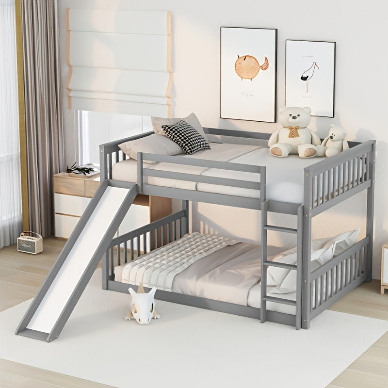 BELLEMAVE Full Over Full Bunk Bed Frame with Slide, Ladder & Full Safety Guardrails, Noise-Reduced Heavy-Duty Bunk Bed, No Box Spring Required, Modern Bedroom Furniture for Small Apartments, Grey