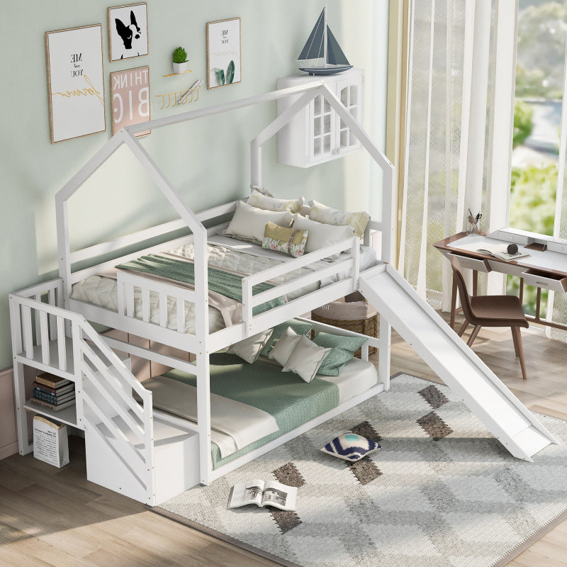 White Space-Saving Design of a Twin Over Twin Bunk Bed Featuring a Convertible Slide And a Staircase with Storage