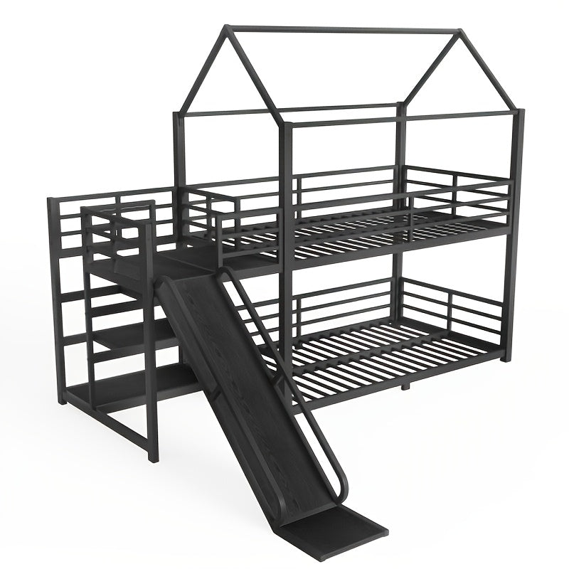 BELLEMAVE Twin Size Heavy-Duty Metal House Bunk Bed Frame with Storage Stairs, Slide, And Full Safety Guardrails, Noise-Reduced Bunk Bed, No Box Spring Required, Modern Bedroom Furniture for Small Spaces, Black