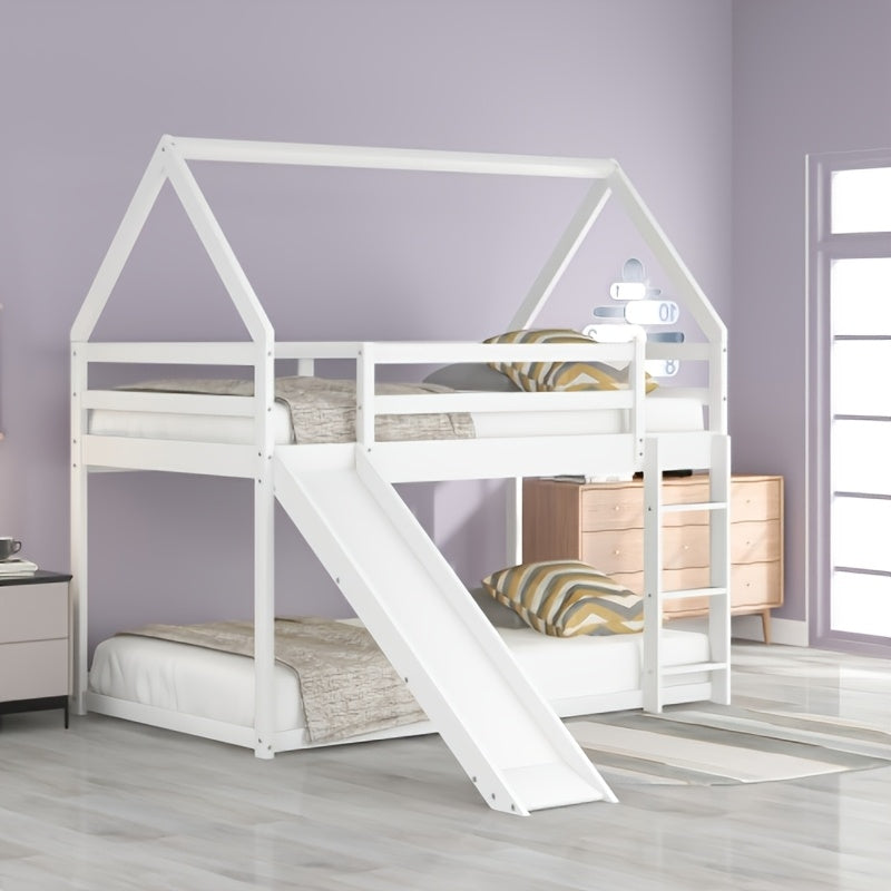 BELLEMAVE 2-in-1 Twin Size Low-Profile House Bunk Bed Frame with Roof, Slide & Ladder, Noise-Reduced Heavy-Duty Bunk Bed, No Box Spring Required, Modern Bedroom Furniture for Small Apartments, White