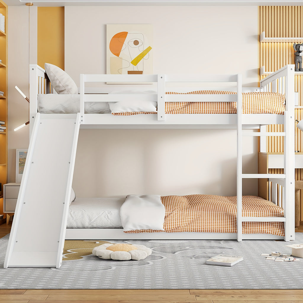 Twin\u002FTwin Bunk Bed with Slide & Ladder - Space-Saving Youngsters Bed with Solid Pine Wood Frame, Full-Length Guardrails, Twin Over Twin Loft Bed Suitable for Shared Bedrooms, Sleepovers & Small Spaces
