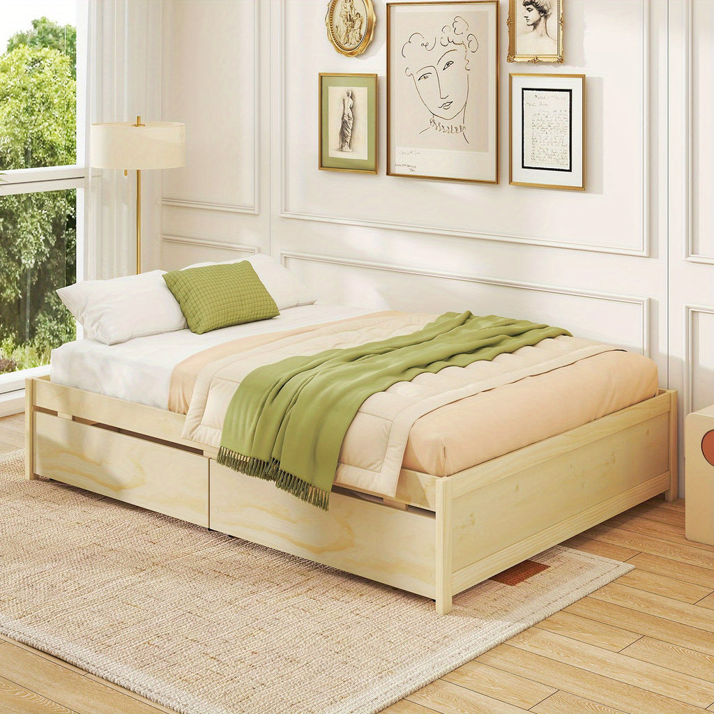 LIFEZEAL Full Size Wooden Platform Bed Frame with 2 Rolling Storage Drawers - Modern White\u002FNatural Bed with Sturdy Hardwood Construction, No Box Spring Needed, 600 lbs Weight Capacity, Underbed Storage System, Easy Assembly