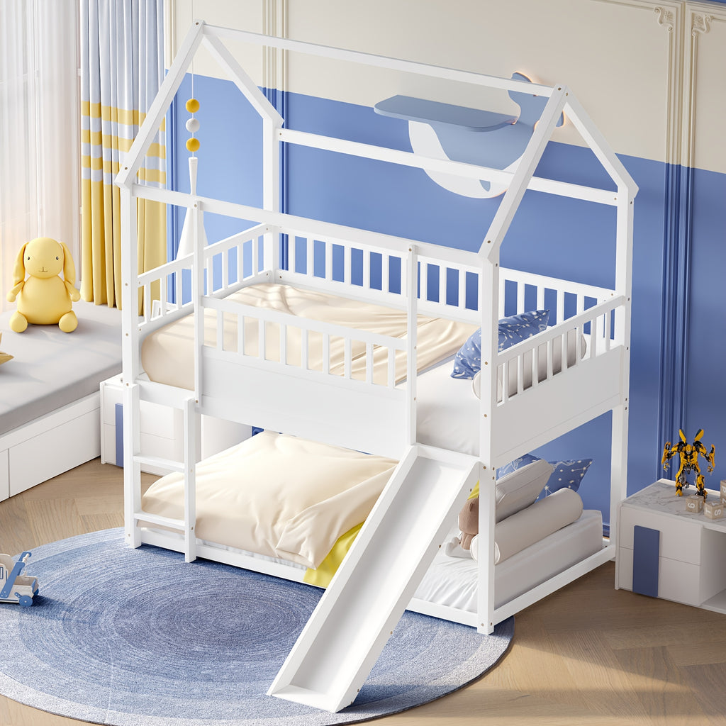 Bellemave Twin Over Twin House Bunk Bed with Convertible Slide & Reversible Ladder, Safety Guardrail - House-Shaped Kids Bed Frame, Low-Profile Design, Easy Assembly, No Box Spring Needed (Mattress Not Included), White - Room