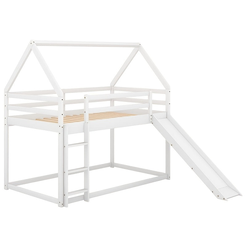 BELLEMAVE 2-in-1 Twin Size Low-Profile House Bunk Bed Frame with Roof, Slide & Ladder, Noise-Reduced Heavy-Duty Bunk Bed, No Box Spring Required, Modern Bedroom Furniture for Small Apartments, White