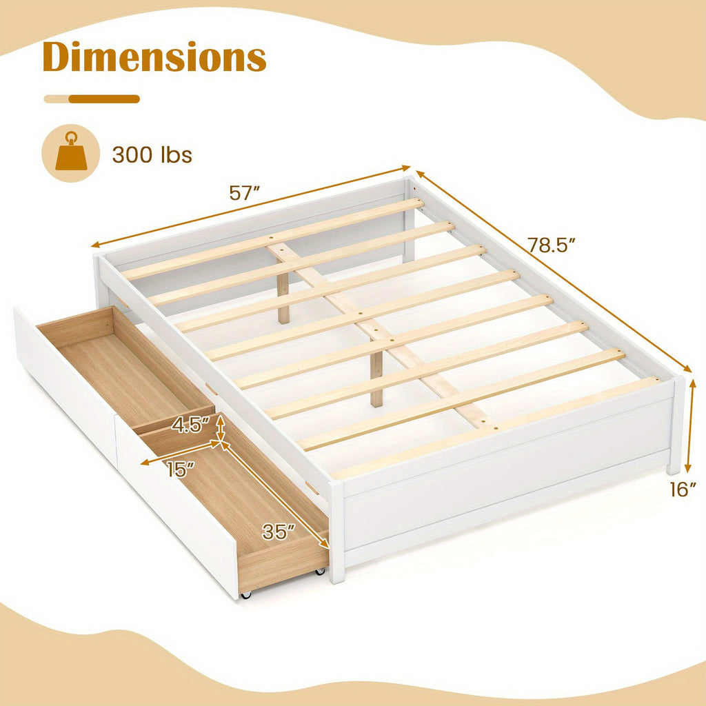 LIFEZEAL Full Size Wooden Platform Bed Frame with 2 Rolling Storage Drawers - Modern White\u002FNatural Bed with Sturdy Hardwood Construction, No Box Spring Needed, 600 lbs Weight Capacity, Underbed Storage System, Easy Assembly