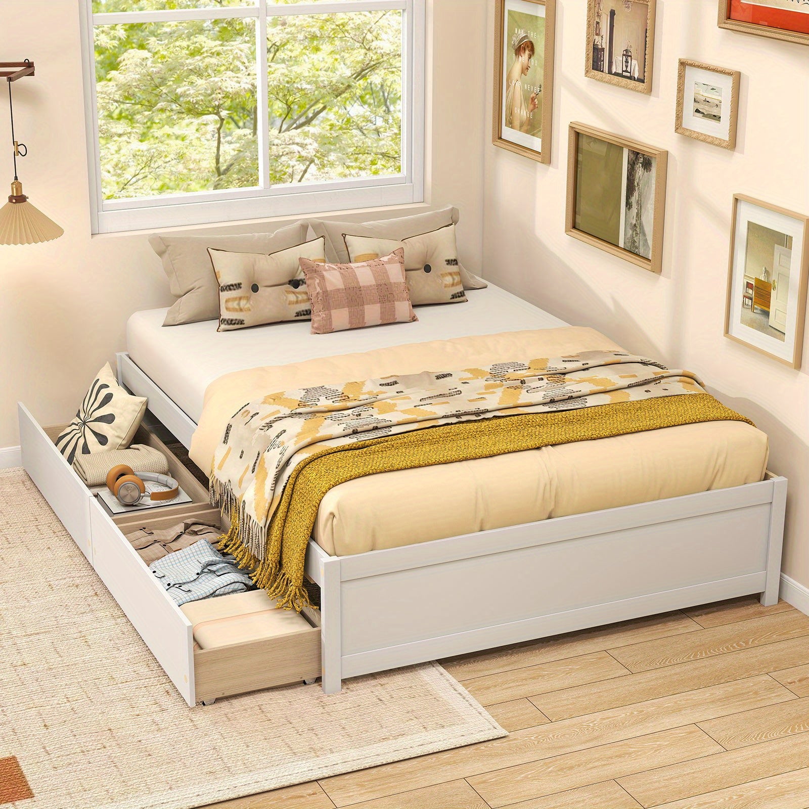 LIFEZEAL Full Size Wooden Platform Bed Frame with 2 Rolling Storage Drawers - Modern White\u002FNatural Bed with Sturdy Hardwood Construction, No Box Spring Needed, 600 lbs Weight Capacity, Underbed Storage System, Easy Assembly