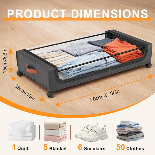 4 Pack Underbed Organizer with Clear Window & Wheels, Square Storage Box for Clothes Blankets Shoes, Ideal for Family Bedroom, Playroom, Linen Closet, Garage & Small Apartment