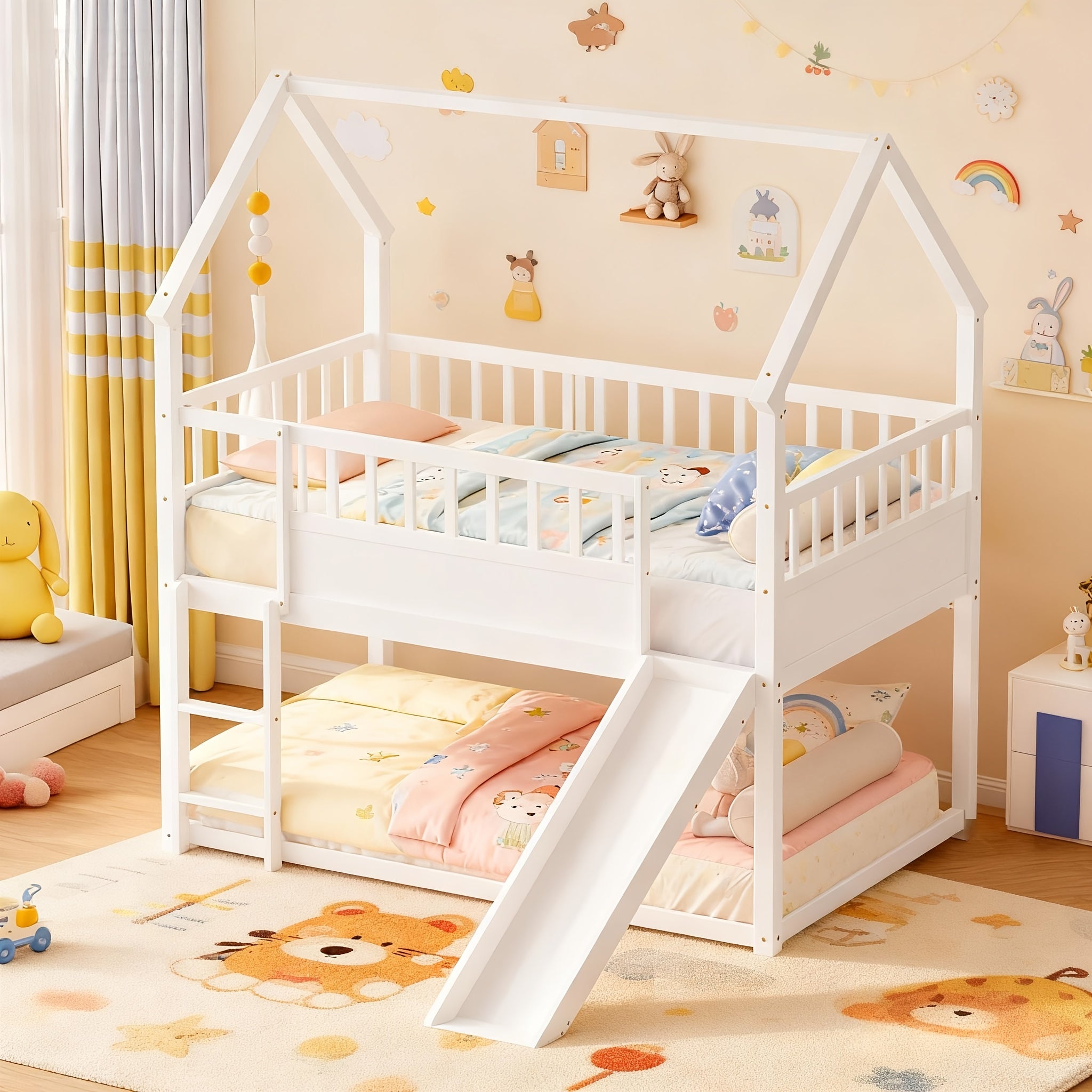 Bellemave Twin Over Twin House Bunk Bed with Convertible Slide & Reversible Ladder, Safety Guardrail - House-Shaped Kids Bed Frame, Low-Profile Design, Easy Assembly, No Box Spring Needed (Mattress Not Included), White - Room