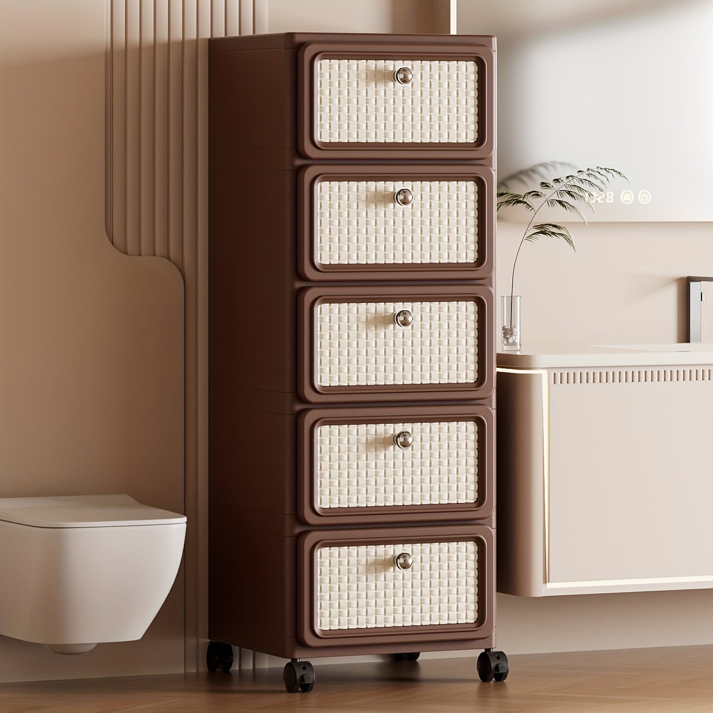 A Storage Cabinet Made of One-Piece Plastic. It Is Versatile, Features a Modern Minimalist Design, And Is Easy to Move. Ideal for Use in The Living Room, Kitchen, Bathroom, And Bedroom. Color: Brown, Storage Drawer Units