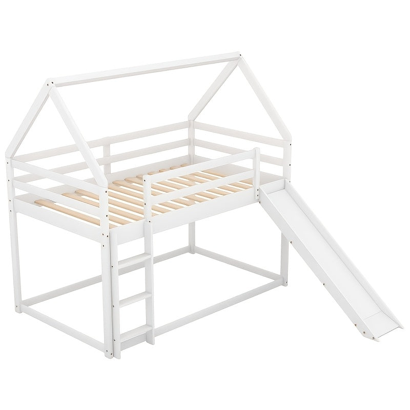 BELLEMAVE 2-in-1 Twin Size Low-Profile House Bunk Bed Frame with Roof, Slide & Ladder, Noise-Reduced Heavy-Duty Bunk Bed, No Box Spring Required, Modern Bedroom Furniture for Small Apartments, White