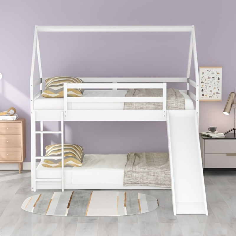 BELLEMAVE 2-in-1 Twin Size Low-Profile House Bunk Bed Frame with Roof, Slide & Ladder, Noise-Reduced Heavy-Duty Bunk Bed, No Box Spring Required, Modern Bedroom Furniture for Small Apartments, White