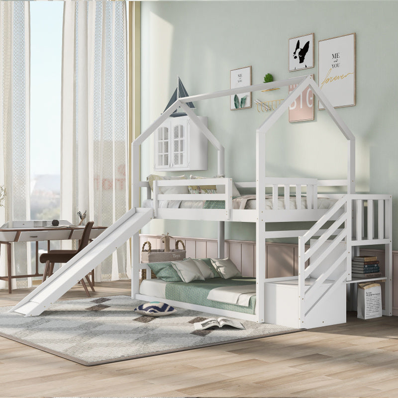 White Space-Saving Design of a Twin Over Twin Bunk Bed Featuring a Convertible Slide And a Staircase with Storage