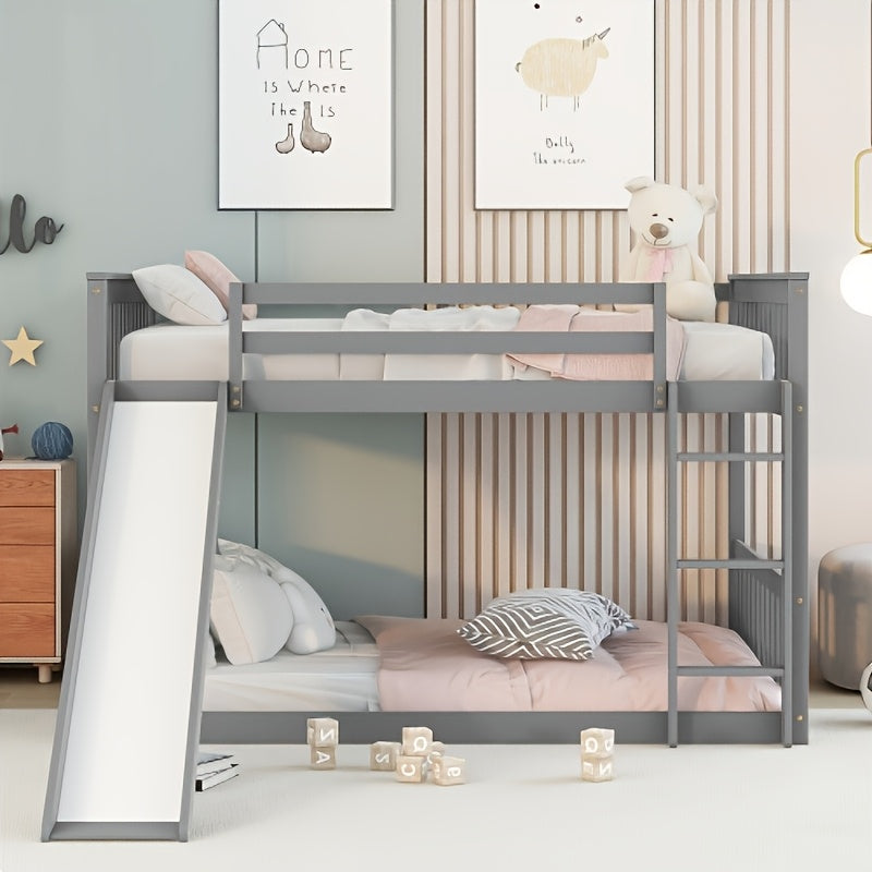 BELLEMAVE Full Over Full Bunk Bed Frame with Slide, Ladder & Full Safety Guardrails, Noise-Reduced Heavy-Duty Bunk Bed, No Box Spring Required, Modern Bedroom Furniture for Small Apartments, Grey