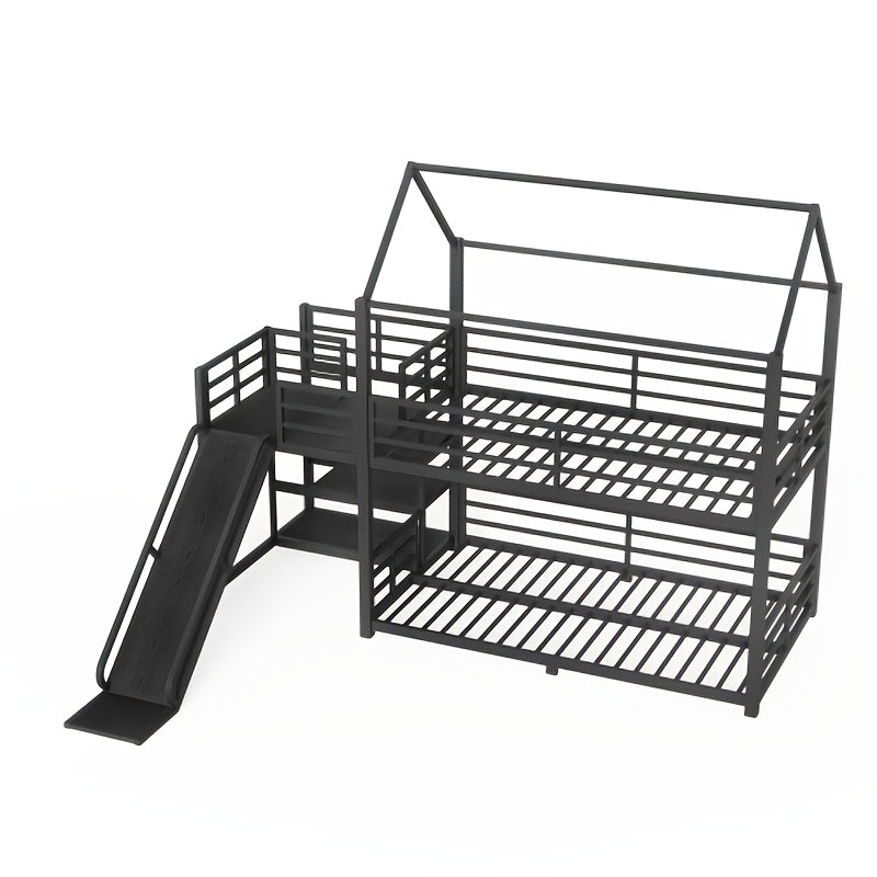 BELLEMAVE Twin Size Heavy-Duty Metal House Bunk Bed Frame with Storage Stairs, Slide, And Full Safety Guardrails, Noise-Reduced Bunk Bed, No Box Spring Required, Modern Bedroom Furniture for Small Spaces, Black