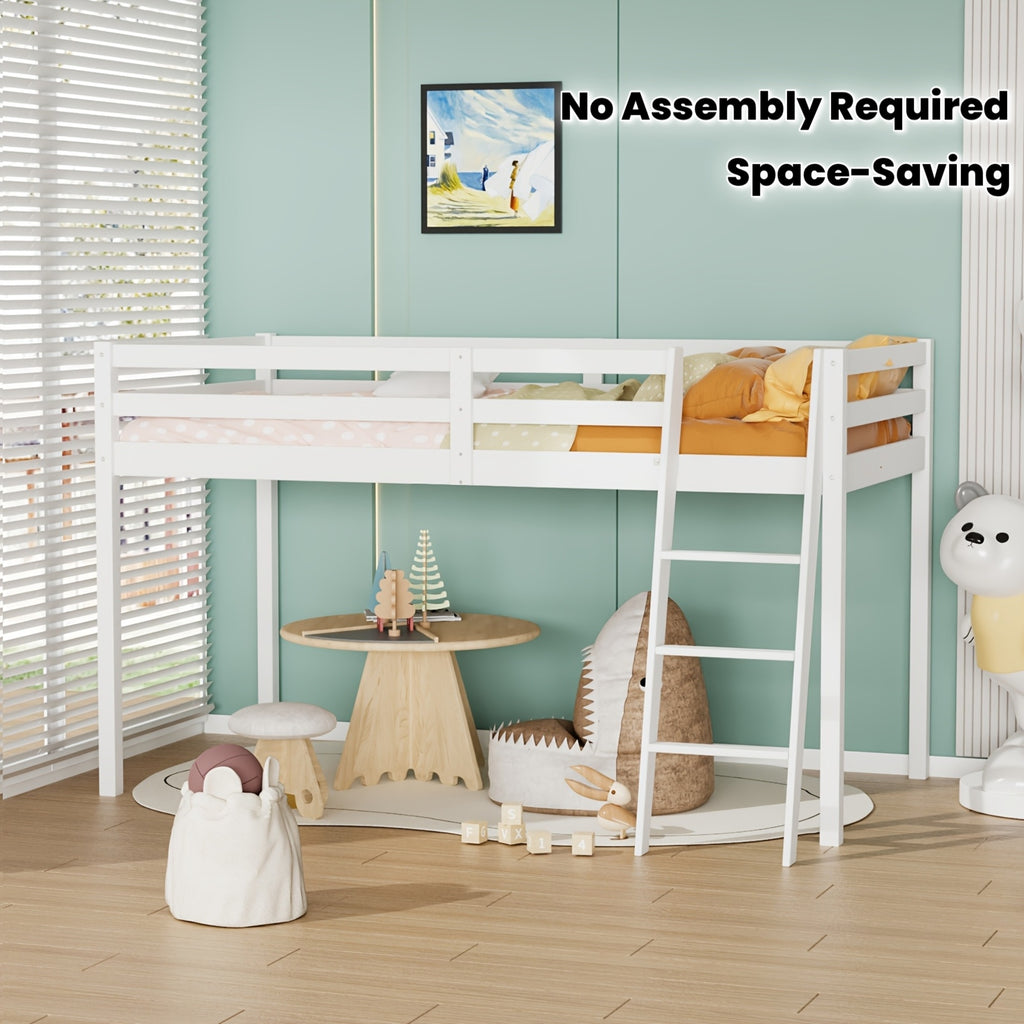 Bonnlo Twin\u002FFull Low Loft Bed with Inclined Stairs - Solid Wood & MDF Bunk Bed Frame, High Guard Rail, No Box Spring Needed, Space-Saving Bed for,,, Small Rooms (No Assembly Required)