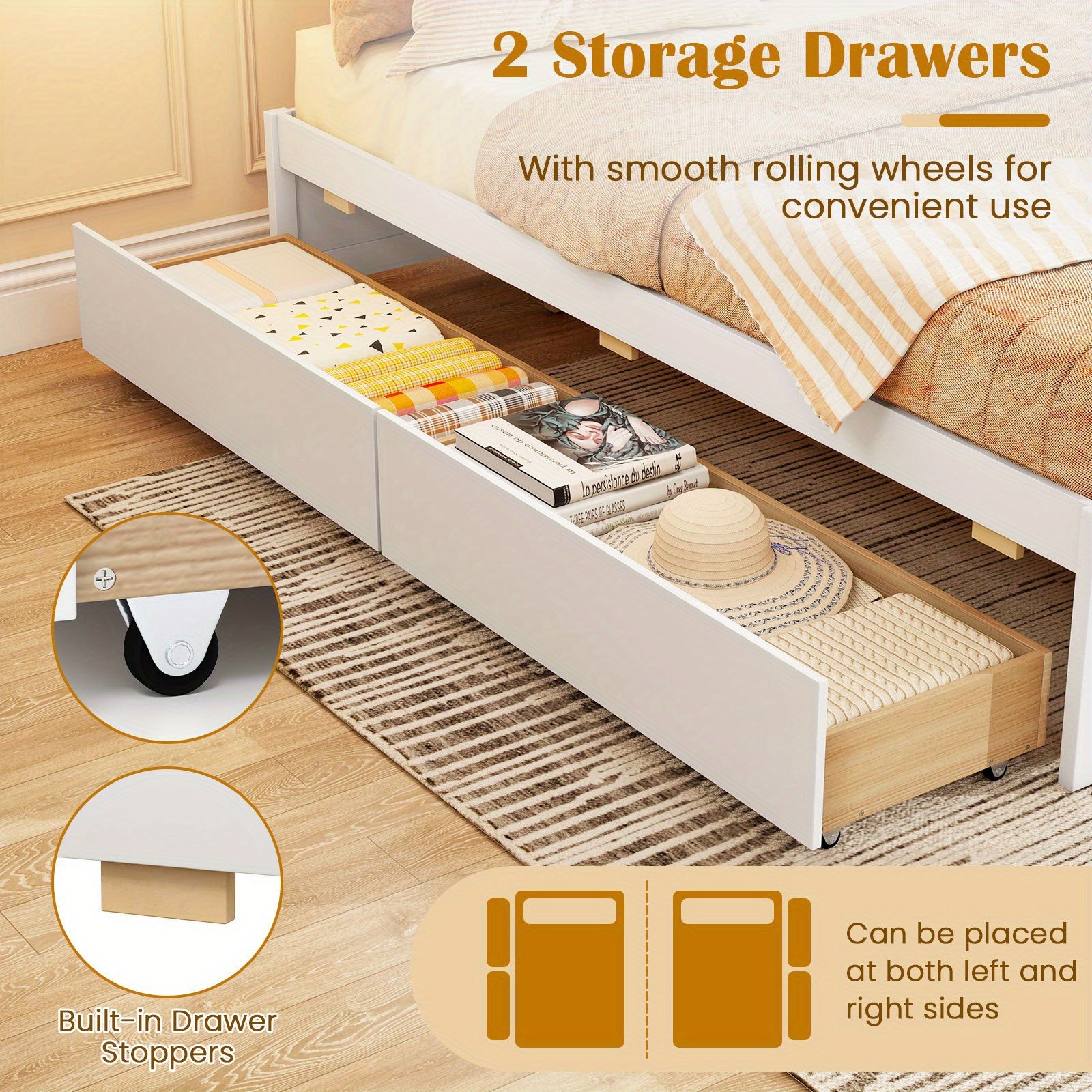 LIFEZEAL Full Size Wooden Platform Bed Frame with 2 Rolling Storage Drawers - Modern White\u002FNatural Bed with Sturdy Hardwood Construction, No Box Spring Needed, 600 lbs Weight Capacity, Underbed Storage System, Easy Assembly