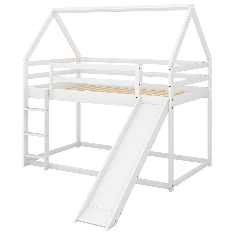 BELLEMAVE 2-in-1 Twin Size Low-Profile House Bunk Bed Frame with Roof, Slide & Ladder, Noise-Reduced Heavy-Duty Bunk Bed, No Box Spring Required, Modern Bedroom Furniture for Small Apartments, White