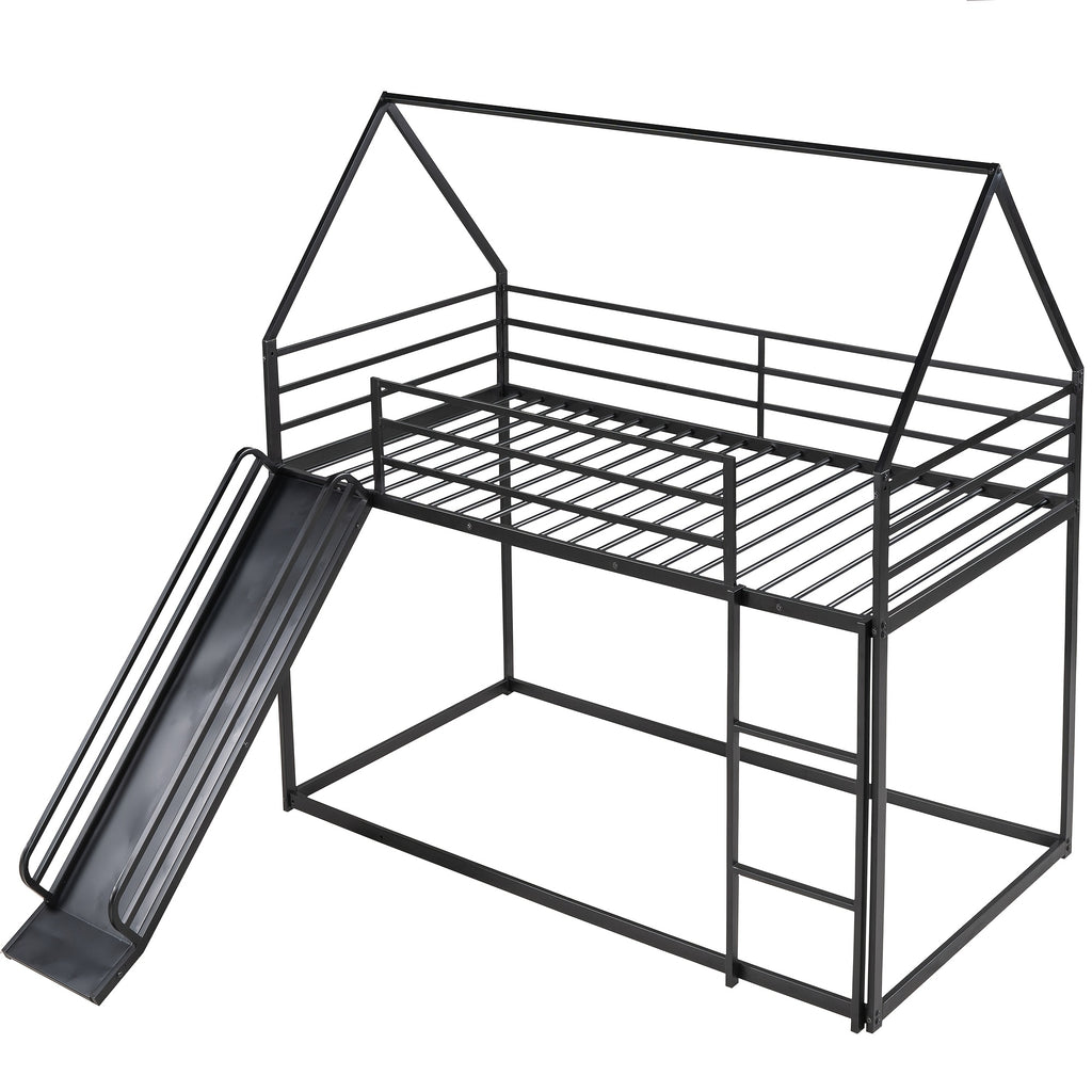 BELLEMAVE Black Twin Over Twin House Bunk Bed Frame with Slide, Metal Bunk Bed with Ladder& Safety Guardrails, Bunk Beds with Noise Reduced Design, No Box Spring Needed, No Mattress, Easy Assembly, Black