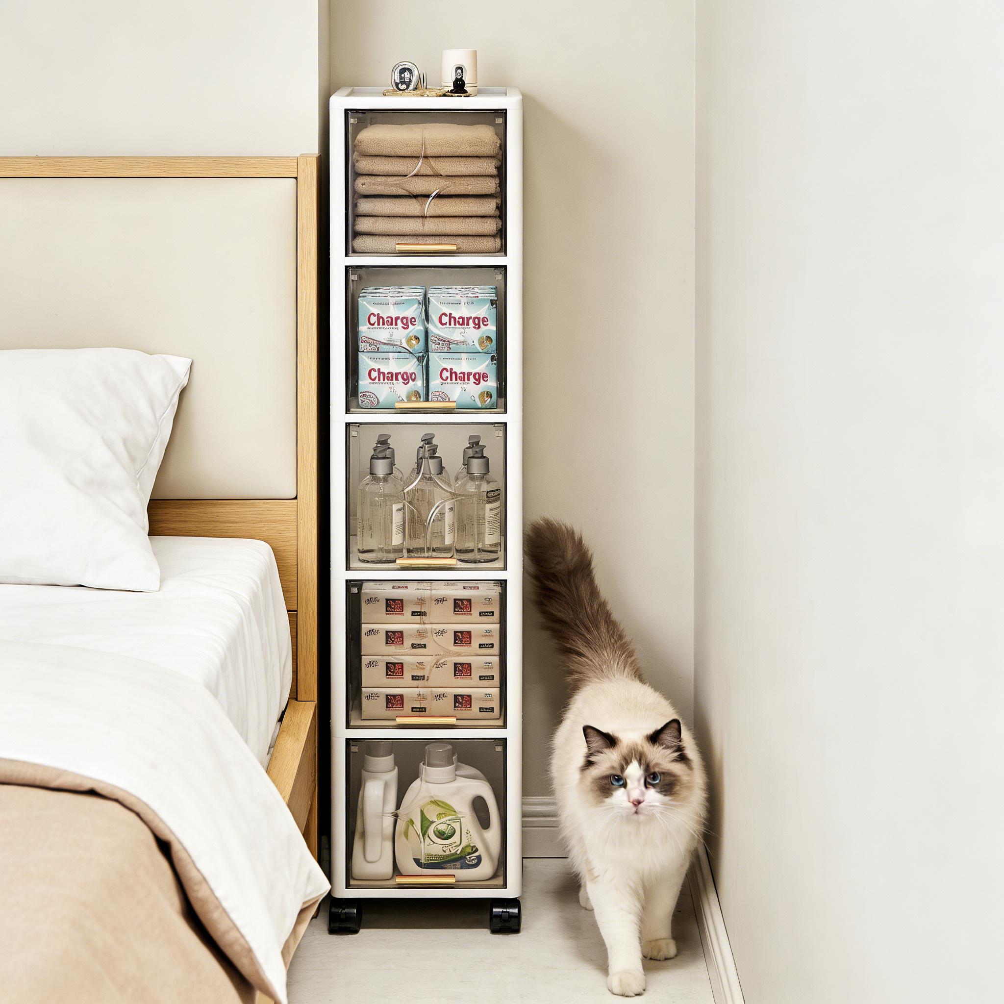 9.84inch Wide, Translucent Tea-Colored, Narrow Folding Storage Cabinet for Home, Narrow Storage Cabinet for Bedroom, Living Room, Miscellaneous Storage And Organization Cabinet, Under-Bed Storage