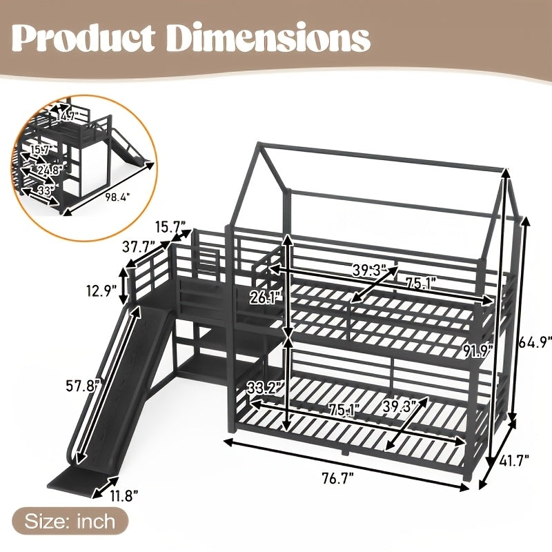 BELLEMAVE Twin Size Heavy-Duty Metal House Bunk Bed Frame with Storage Stairs, Slide, And Full Safety Guardrails, Noise-Reduced Bunk Bed, No Box Spring Required, Modern Bedroom Furniture for Small Spaces, Black