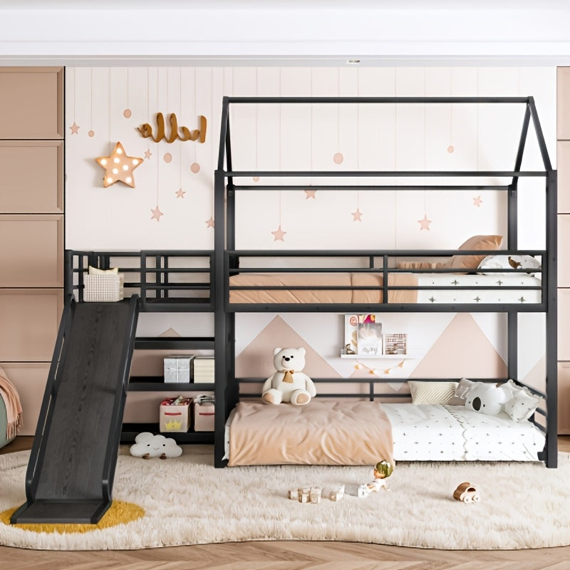 BELLEMAVE Twin Size Heavy-Duty Metal House Bunk Bed Frame with Storage Stairs, Slide, And Full Safety Guardrails, Noise-Reduced Bunk Bed, No Box Spring Required, Modern Bedroom Furniture for Small Spaces, Black