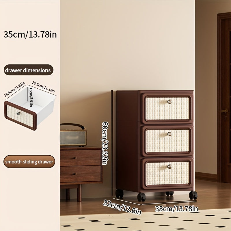 A Storage Cabinet Made of One-Piece Plastic. It Is Versatile, Features a Modern Minimalist Design, And Is Easy to Move. Ideal for Use in The Living Room, Kitchen, Bathroom, And Bedroom. Color: Brown, Storage Drawer Units
