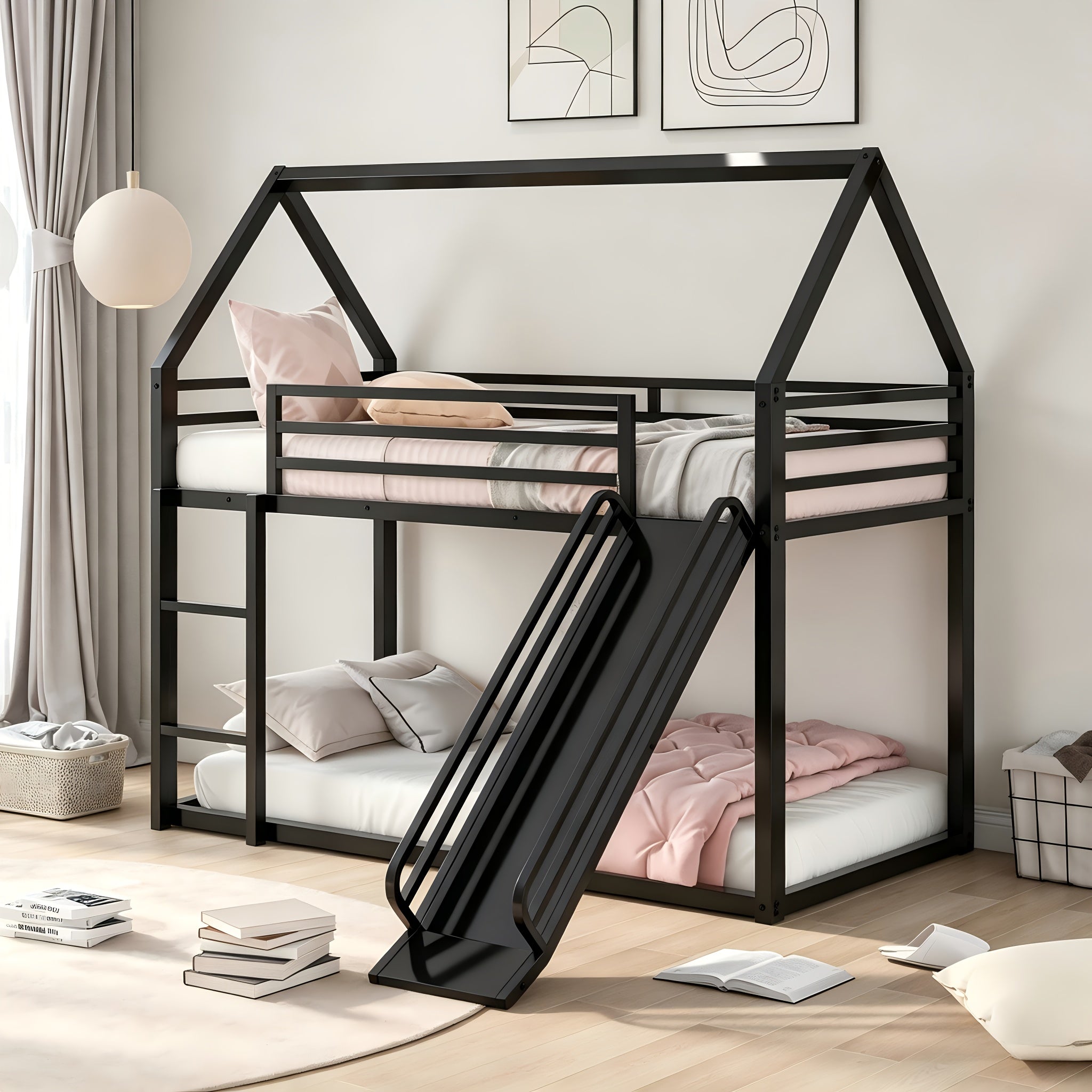 BELLEMAVE Black Twin Over Twin House Bunk Bed Frame with Slide, Metal Bunk Bed with Ladder& Safety Guardrails, Bunk Beds with Noise Reduced Design, No Box Spring Needed, No Mattress, Easy Assembly, Black